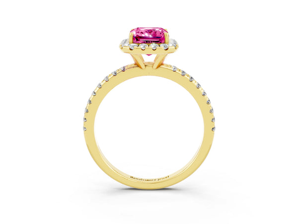 Yellow gold Emerald Cut Pink Sapphire Halo Ring with Round Pavé Band and Prong Setting