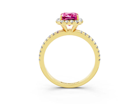 Yellow gold Emerald Cut Halo Round Diamond Pavé Band Four-Prong Ring_3