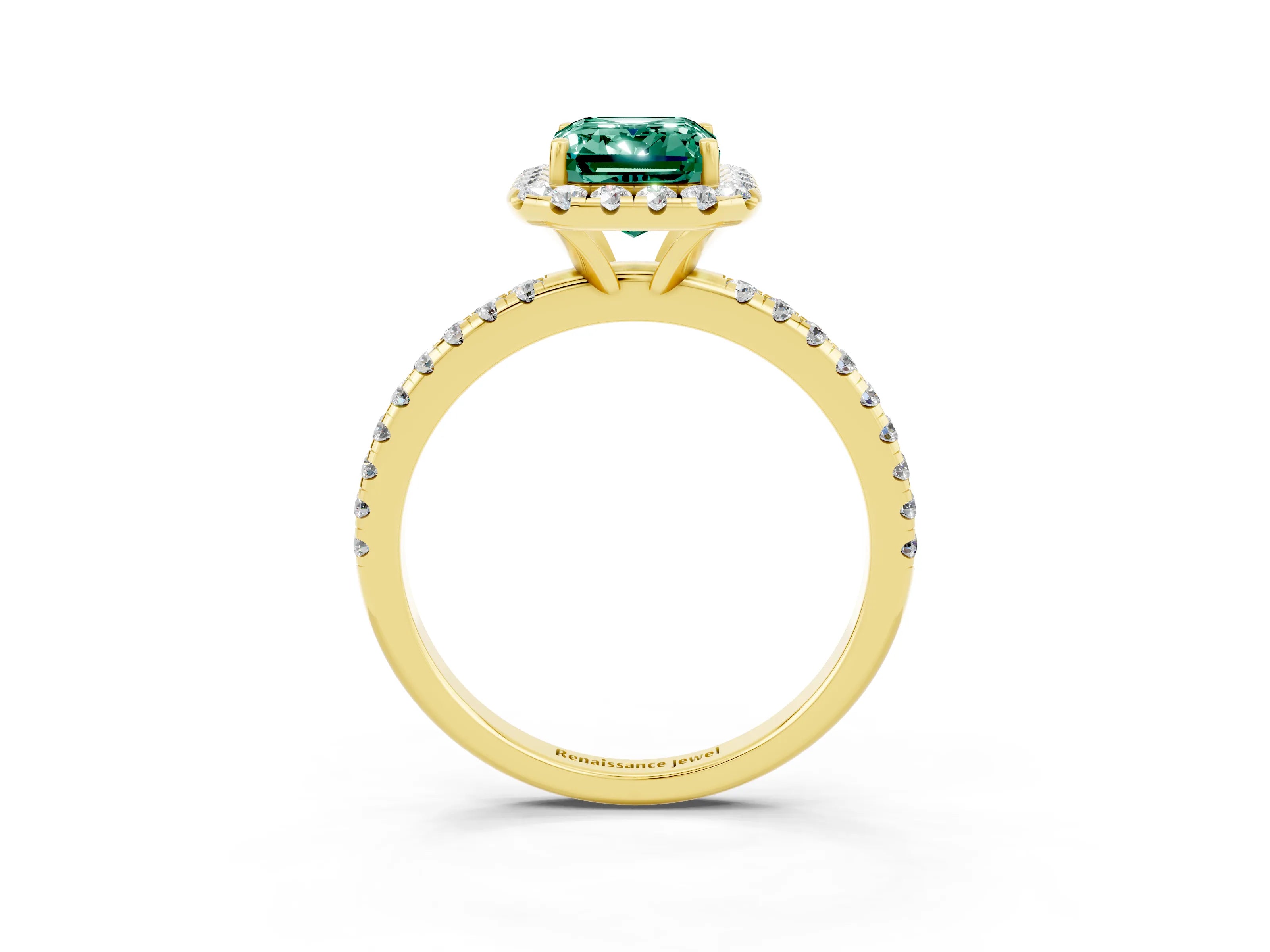 Yellow gold Emerald Cut Halo Round Diamond Pavé Band Four-Prong Ring_3