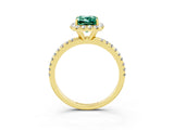 Yellow gold Emerald Cut Halo Round Diamond Pavé Band Four-Prong Ring_3