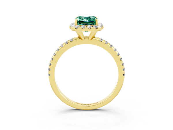 Yellow gold Emerald Cut Green Sapphire Halo Ring with Round Pavé Band and Prong Setting