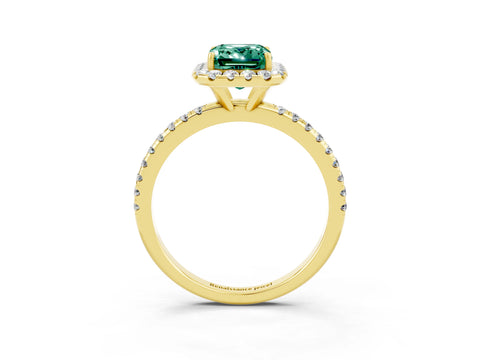 Yellow gold Emerald Cut Halo Round Diamond Pavé Band Four-Prong Ring_3