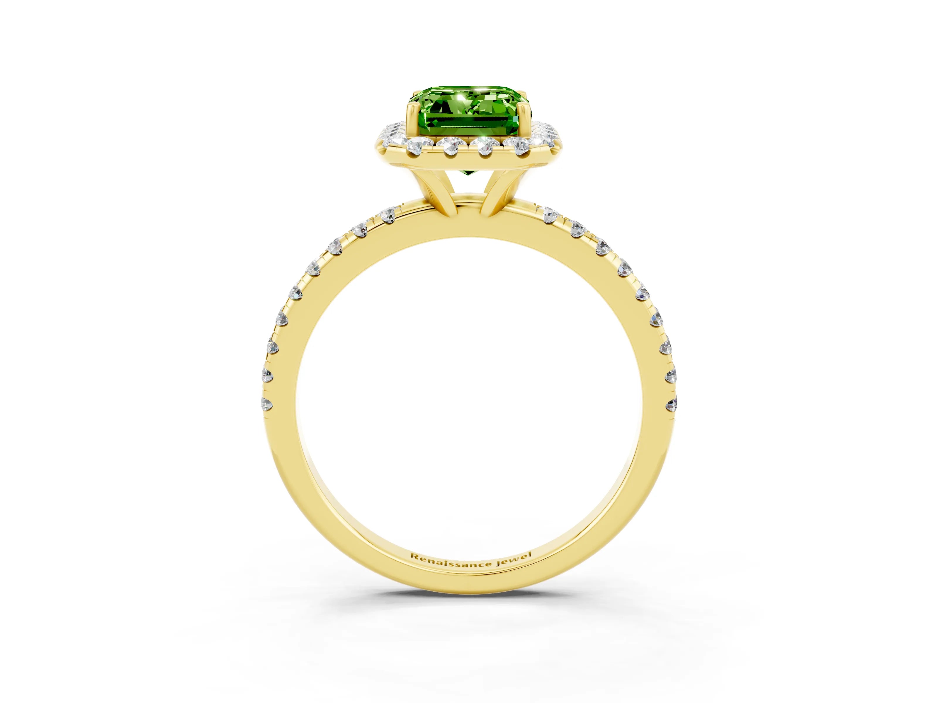 Yellow gold Emerald Cut Halo Round Diamond Pavé Band Four-Prong Ring_3