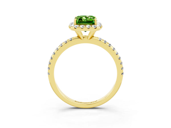 Yellow gold Emerald Cut Halo Round Diamond Pavé Band Four-Prong Ring
