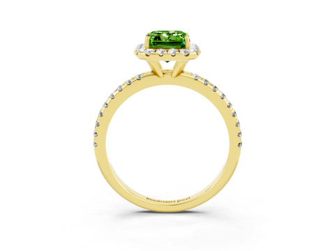 Yellow gold Emerald Cut Halo Round Diamond Pavé Band Four-Prong Ring_3