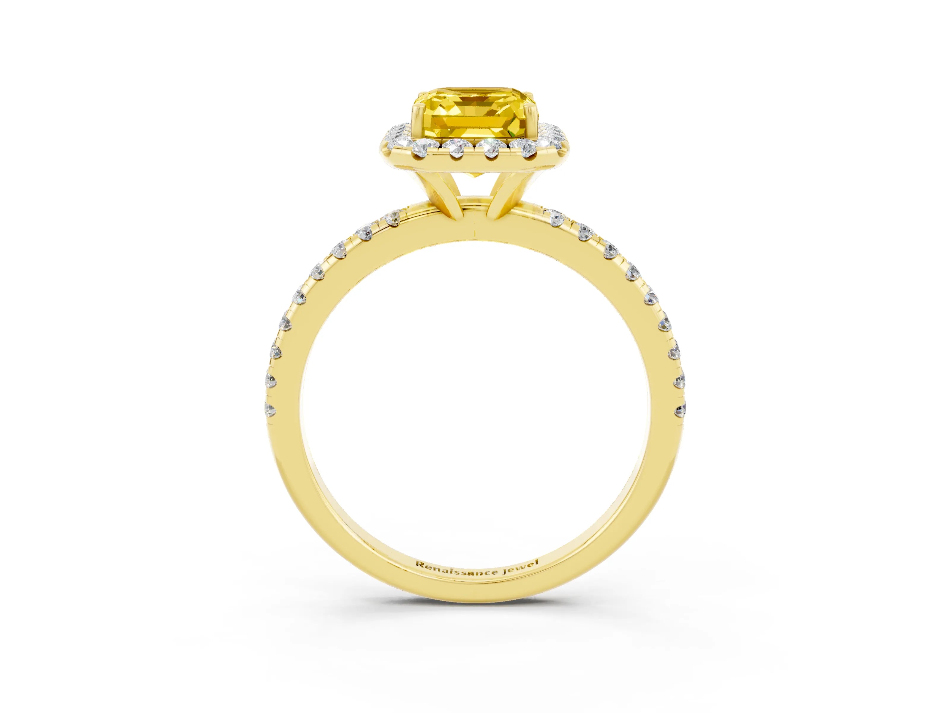 Yellow gold Emerald Cut Halo Round Diamond Pavé Band Four-Prong Ring_3