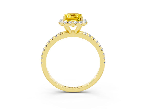 Yellow gold Emerald Cut Yellow Sapphire Halo Ring with Round Pavé Band and Prong Setting