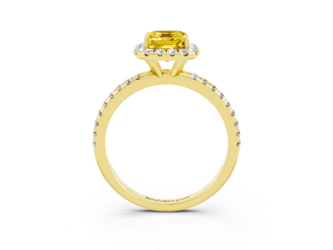 Yellow gold Emerald Cut Halo Round Diamond Pavé Band Four-Prong Ring_3