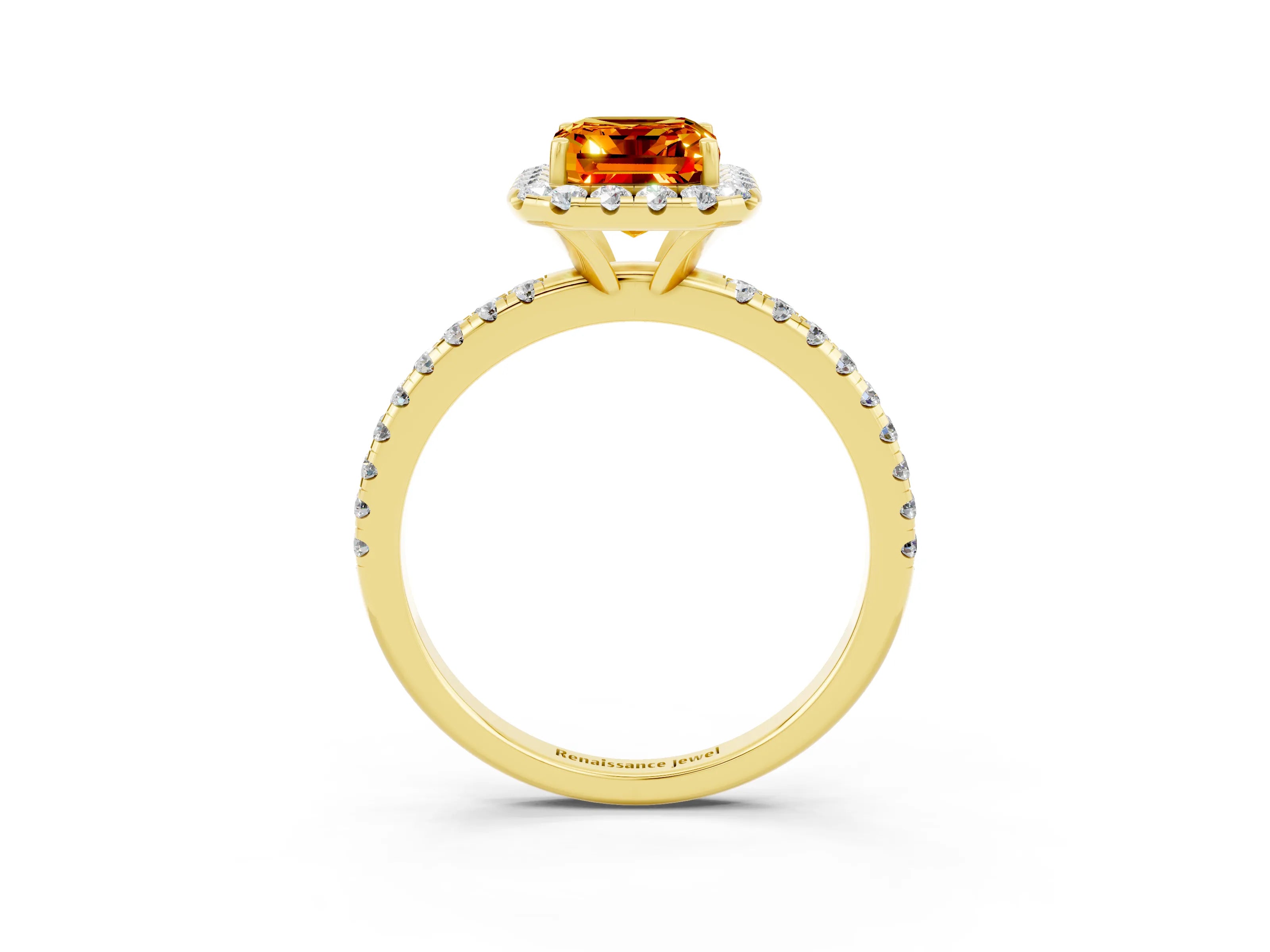 Yellow gold Emerald Cut Halo Round Diamond Pavé Band Four-Prong Ring_3