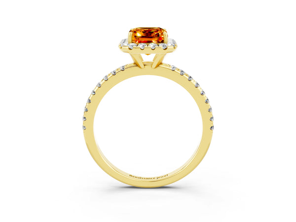 Yellow gold Emerald Cut Citrine Halo Ring with Round Pavé Band and Prong Setting