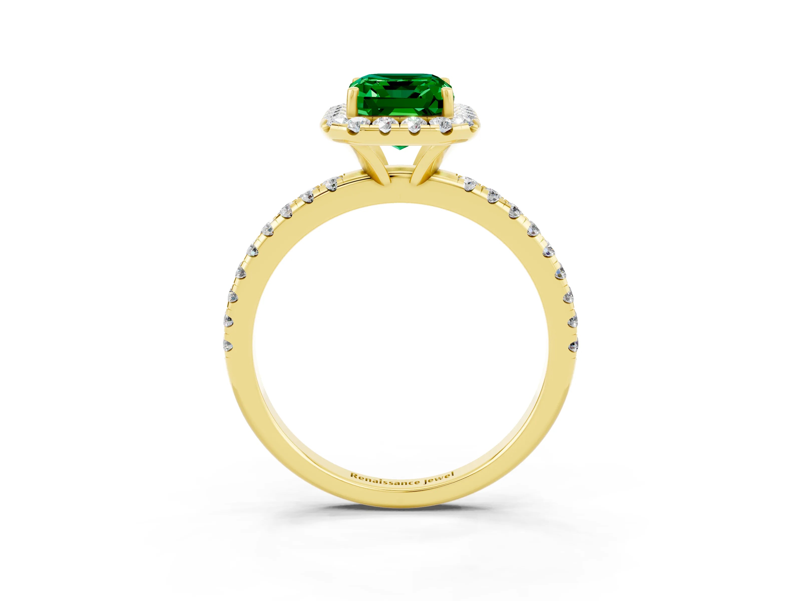 Yellow gold Emerald Cut Halo Round Diamond Pavé Band Four-Prong Ring_3