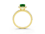 Yellow gold Emerald Cut Halo Round Diamond Pavé Band Four-Prong Ring_3