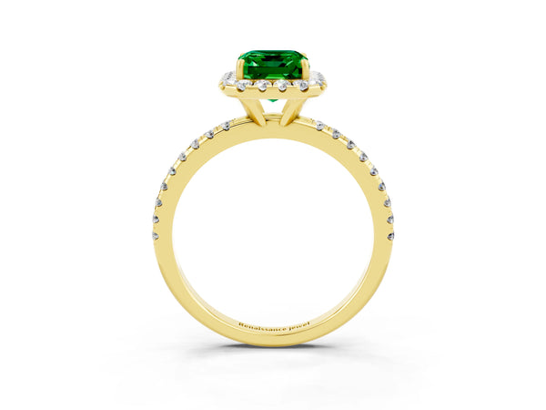 Yellow gold Emerald Cut Emerald Halo Ring with Round Pavé Band and Prong Setting