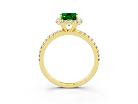 Yellow gold Emerald Cut Halo Round Diamond Pavé Band Four-Prong Ring_3