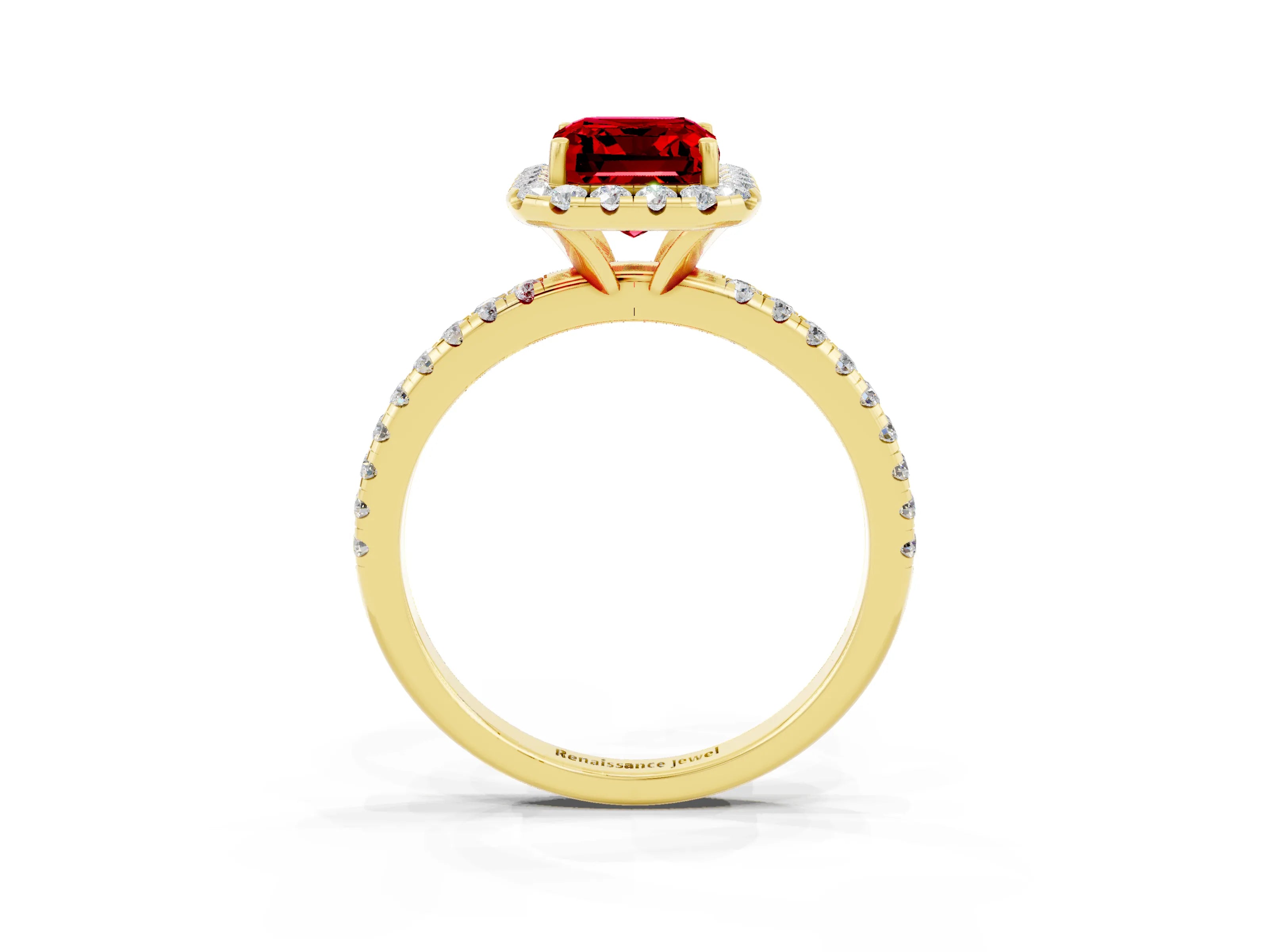 Yellow gold Emerald Cut Halo Round Diamond Pavé Band Four-Prong Ring_3
