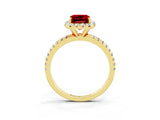 Yellow gold Emerald Cut Halo Round Diamond Pavé Band Four-Prong Ring_3