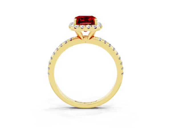 Yellow gold Emerald Cut Halo Round Diamond Pavé Band Four-Prong Ring