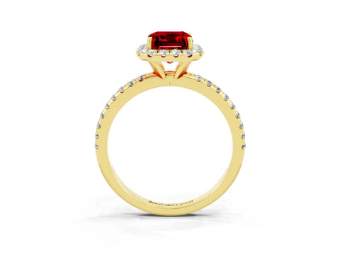 Yellow gold Emerald Cut Halo Round Diamond Pavé Band Four-Prong Ring_3