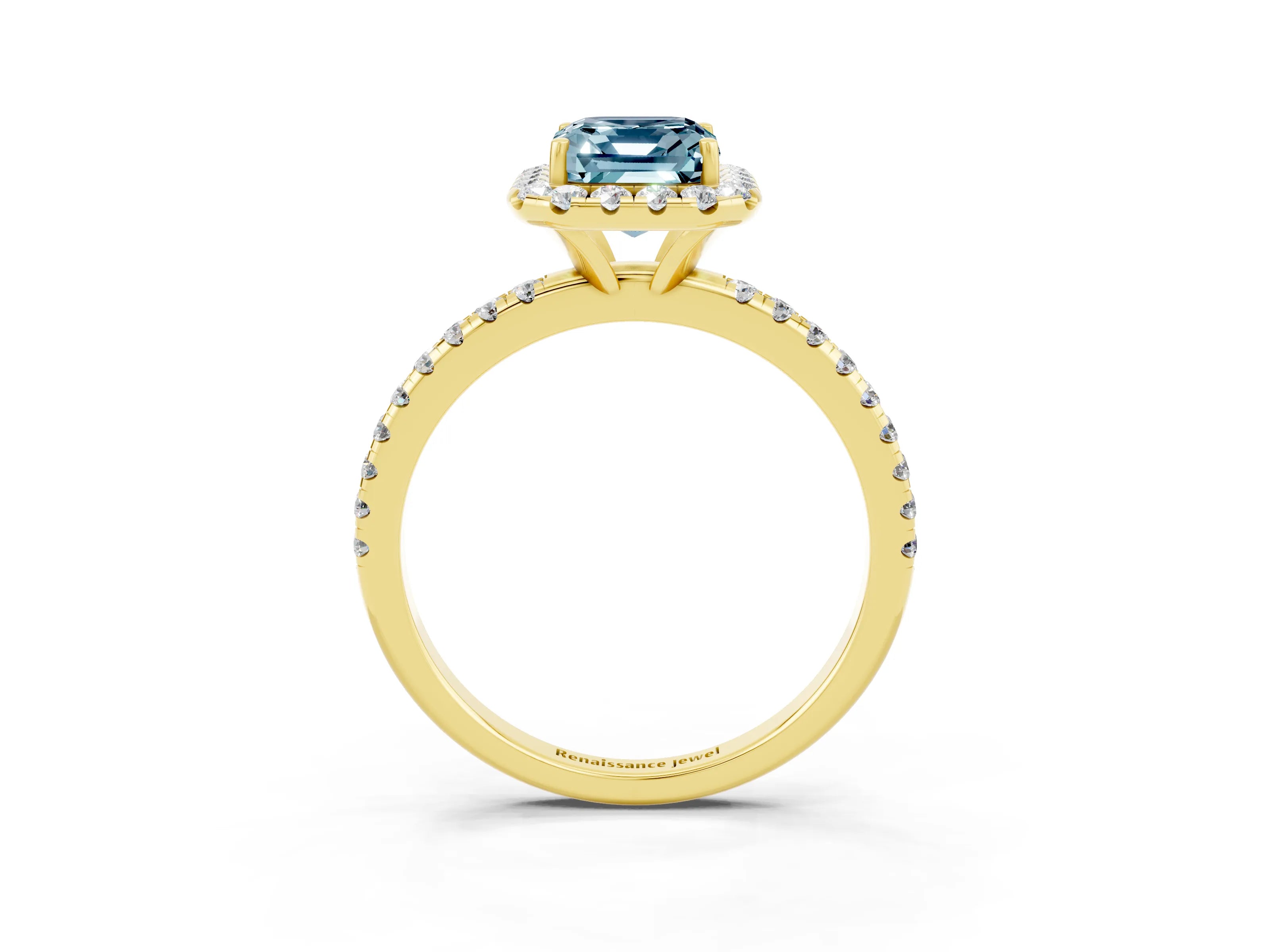 Yellow gold Emerald Cut Halo Round Diamond Pavé Band Four-Prong Ring_3