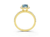 Yellow gold Emerald Cut Halo Round Diamond Pavé Band Four-Prong Ring_3