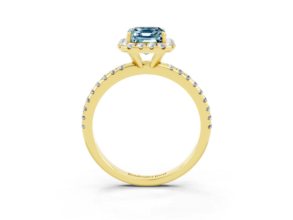 Yellow gold Emerald Cut Aquamarine Halo Ring with Round Pavé Band and Prong Setting