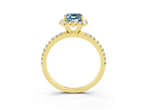 Yellow gold Emerald Cut Halo Round Diamond Pavé Band Four-Prong Ring_3