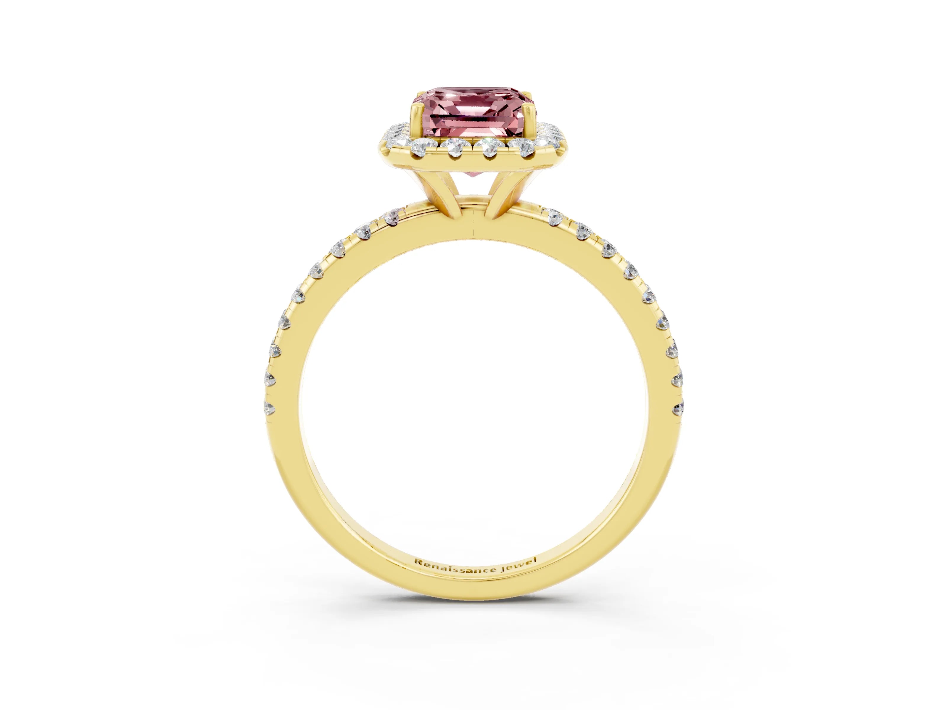 Yellow gold Emerald Cut Halo Round Diamond Pavé Band Four-Prong Ring_3