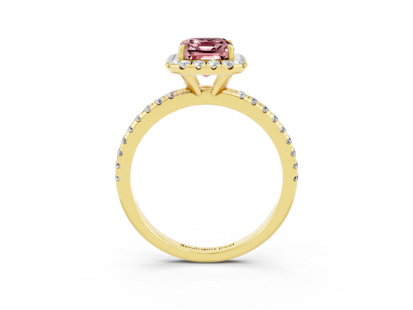 Yellow gold Emerald Cut Halo Round Diamond Pavé Band Four-Prong Ring