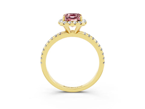 Yellow gold Emerald Cut Halo Round Diamond Pavé Band Four-Prong Ring_3