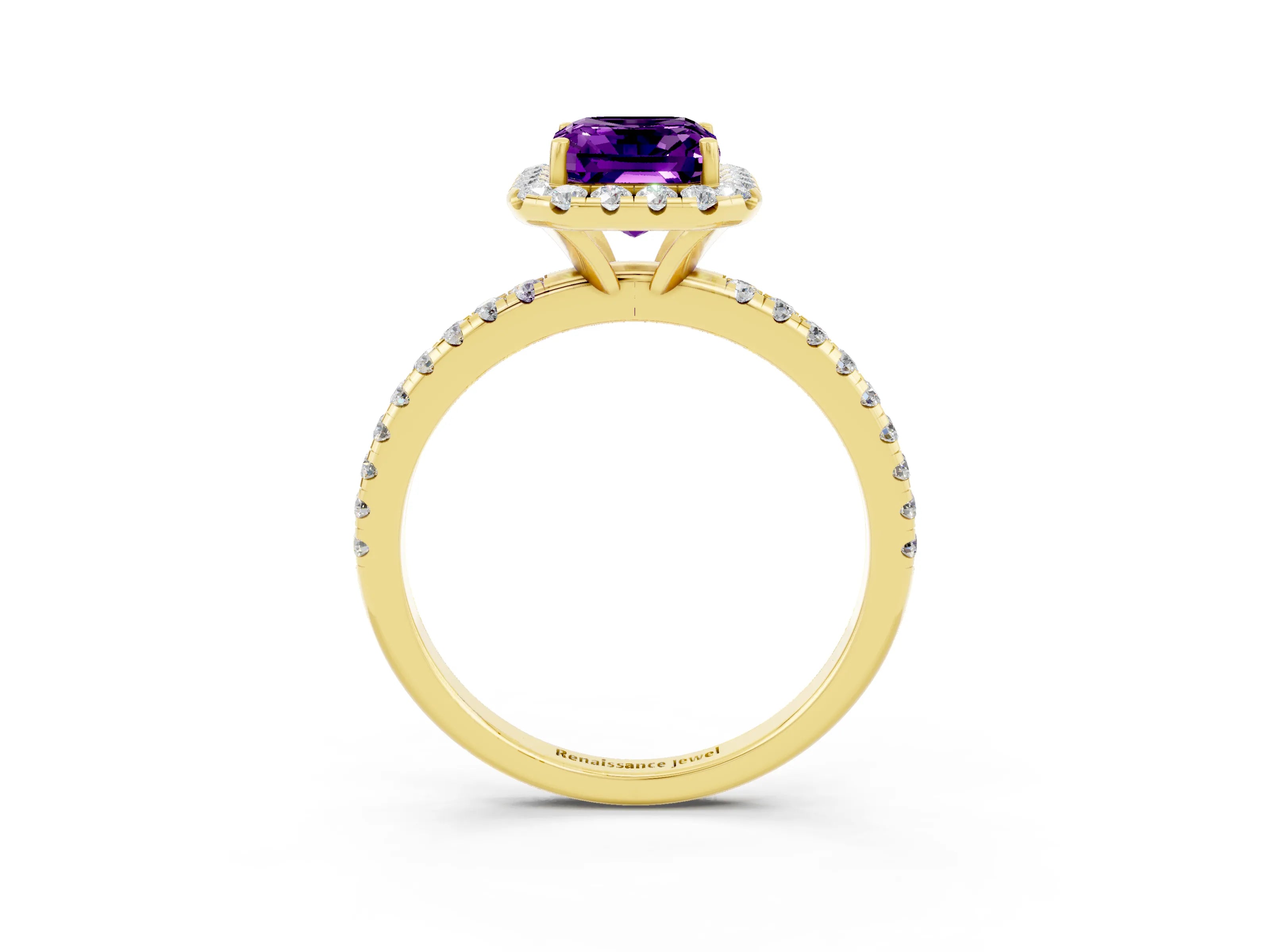 Yellow gold Emerald Cut Halo Round Diamond Pavé Band Four-Prong Ring_3