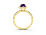 Yellow gold Emerald Cut Halo Round Diamond Pavé Band Four-Prong Ring_3