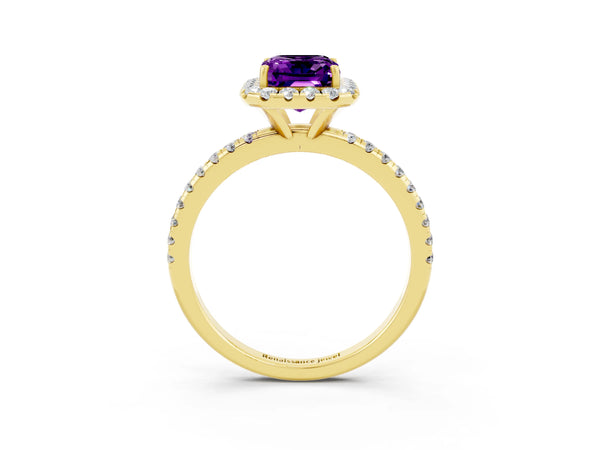 Yellow gold Emerald Cut Amethyst Halo Ring with Round Pavé Band and Prong Setting