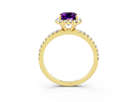 Yellow gold Emerald Cut Halo Round Diamond Pavé Band Four-Prong Ring_3