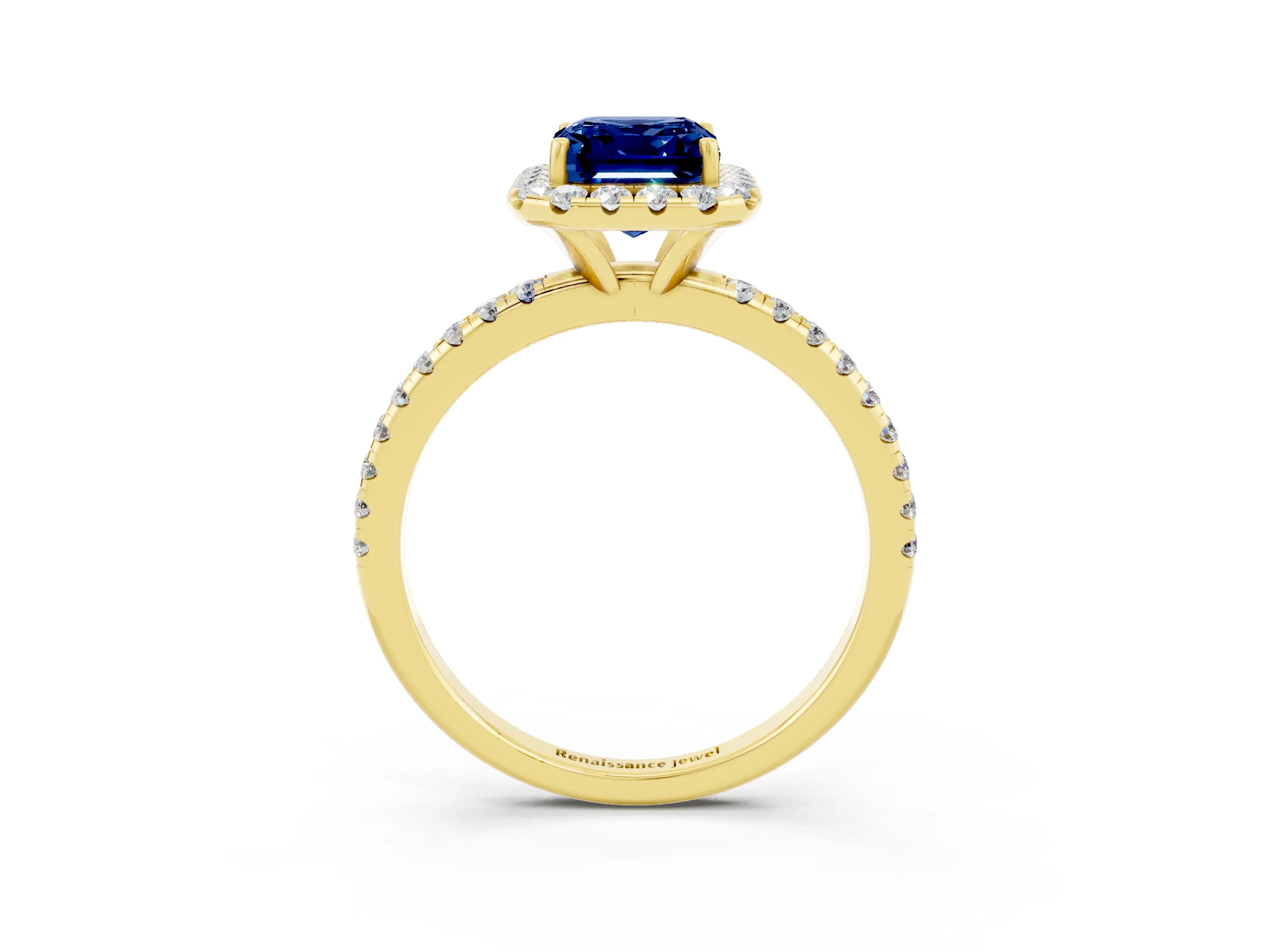 Yellow gold Emerald Cut Halo Round Diamond Pavé Band Four-Prong Ring_3