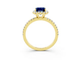Yellow gold Emerald Cut Halo Round Diamond Pavé Band Four-Prong Ring_3