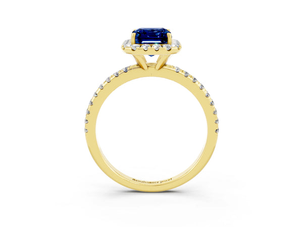 Yellow gold Emerald Cut Blue Sapphire Halo Ring with Round Pavé Band and Prong Setting