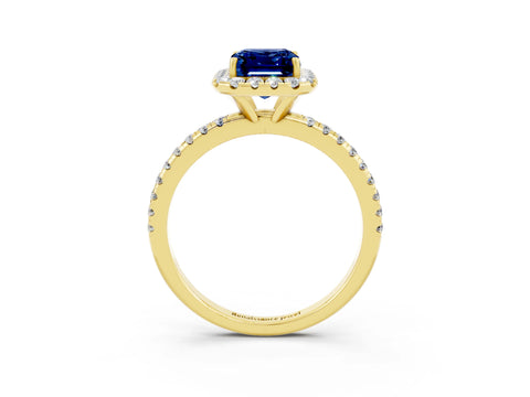 Yellow gold Emerald Cut Halo Round Diamond Pavé Band Four-Prong Ring_3
