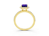 Yellow gold Emerald Cut Halo Round Diamond Pavé Band Four-Prong Ring_3