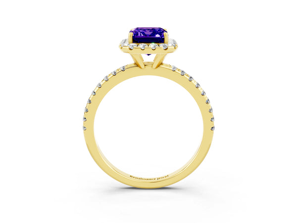 Yellow gold Emerald Cut Tanzanite Halo Ring with Round Pavé Band and Prong Setting