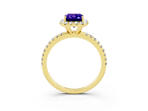 Yellow gold Emerald Cut Halo Round Diamond Pavé Band Four-Prong Ring_3