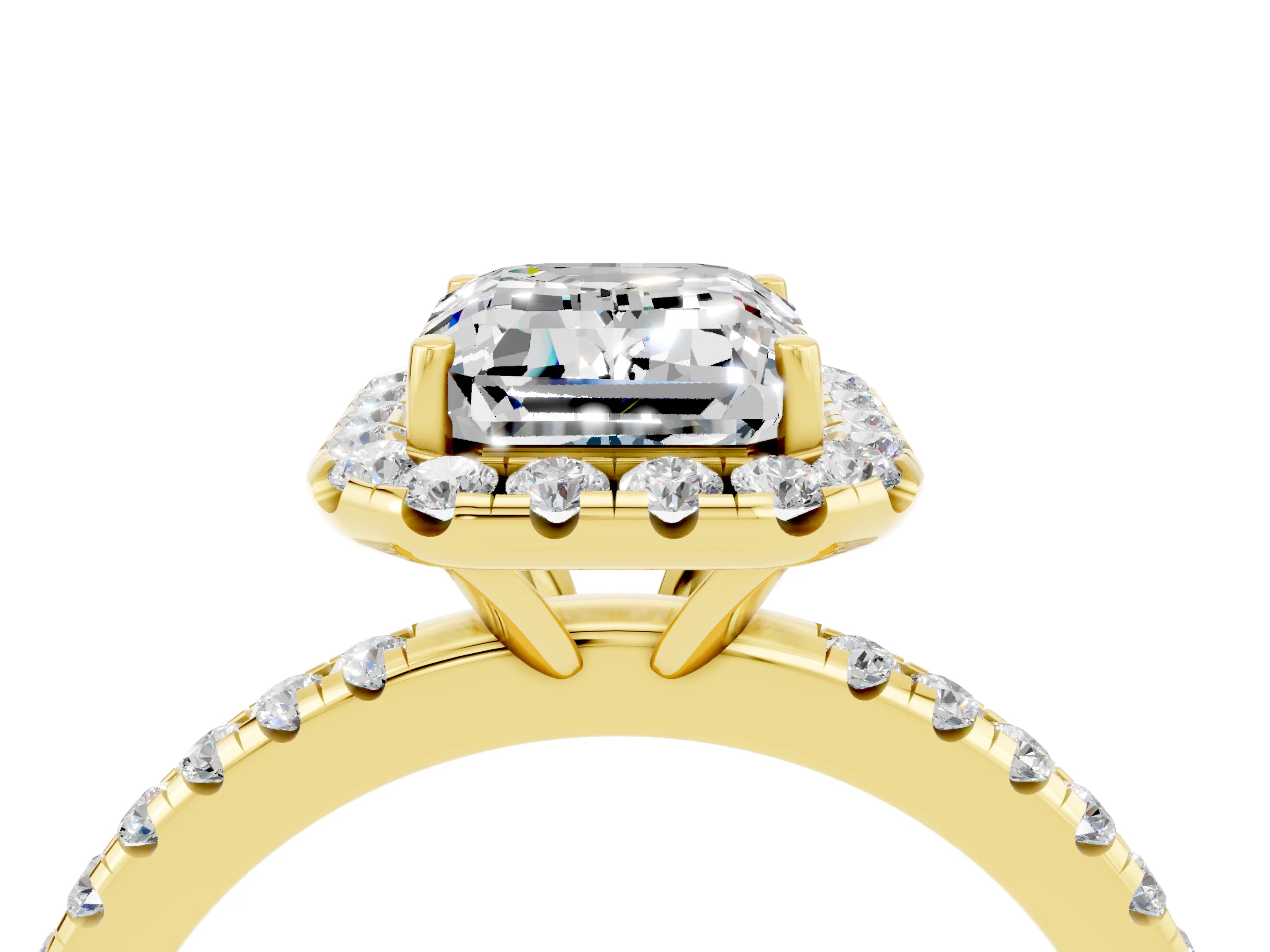 Yellow gold Emerald Cut Halo Round Diamond Pavé Band Four-Prong Ring_4