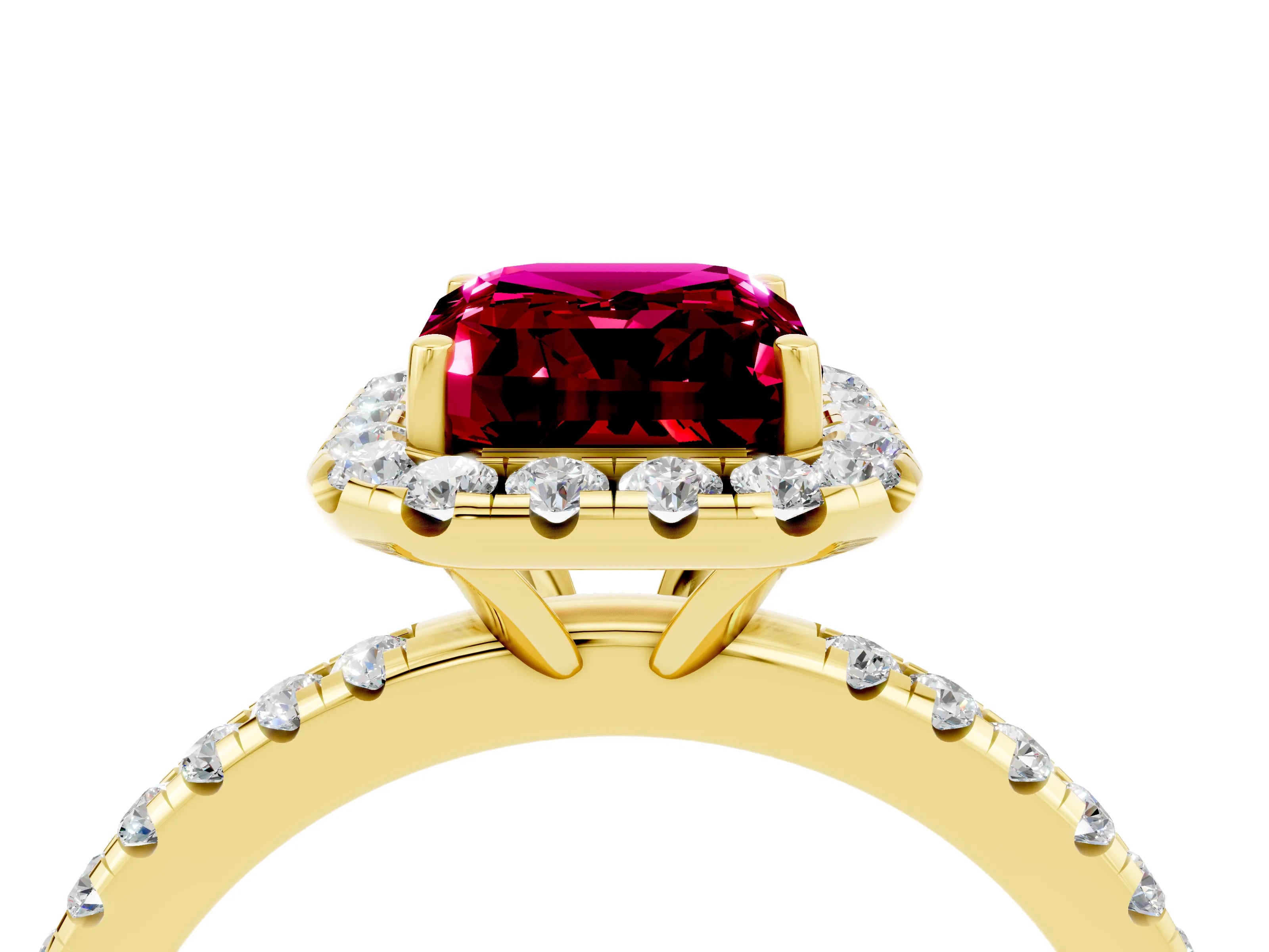 Yellow gold Emerald Cut Halo Round Diamond Pavé Band Four-Prong Ring_4