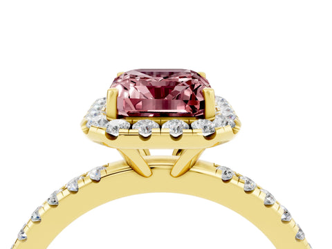 Yellow gold Emerald Cut Halo Round Diamond Pavé Band Four-Prong Ring_4