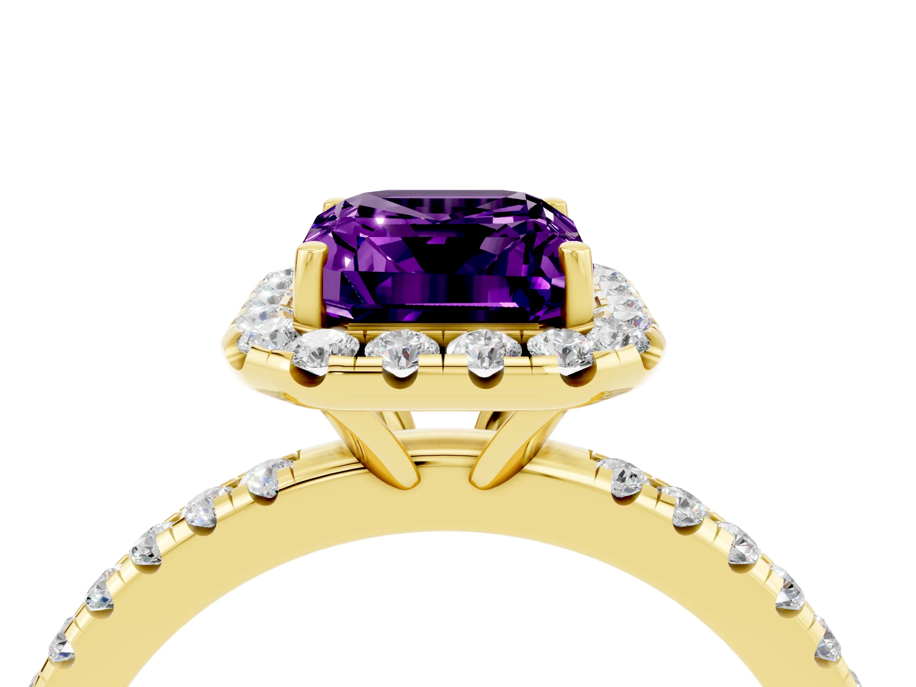 Yellow gold Emerald Cut Halo Round Diamond Pavé Band Four-Prong Ring_4