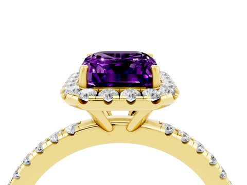 Yellow gold Emerald Cut Halo Round Diamond Pavé Band Four-Prong Ring_4