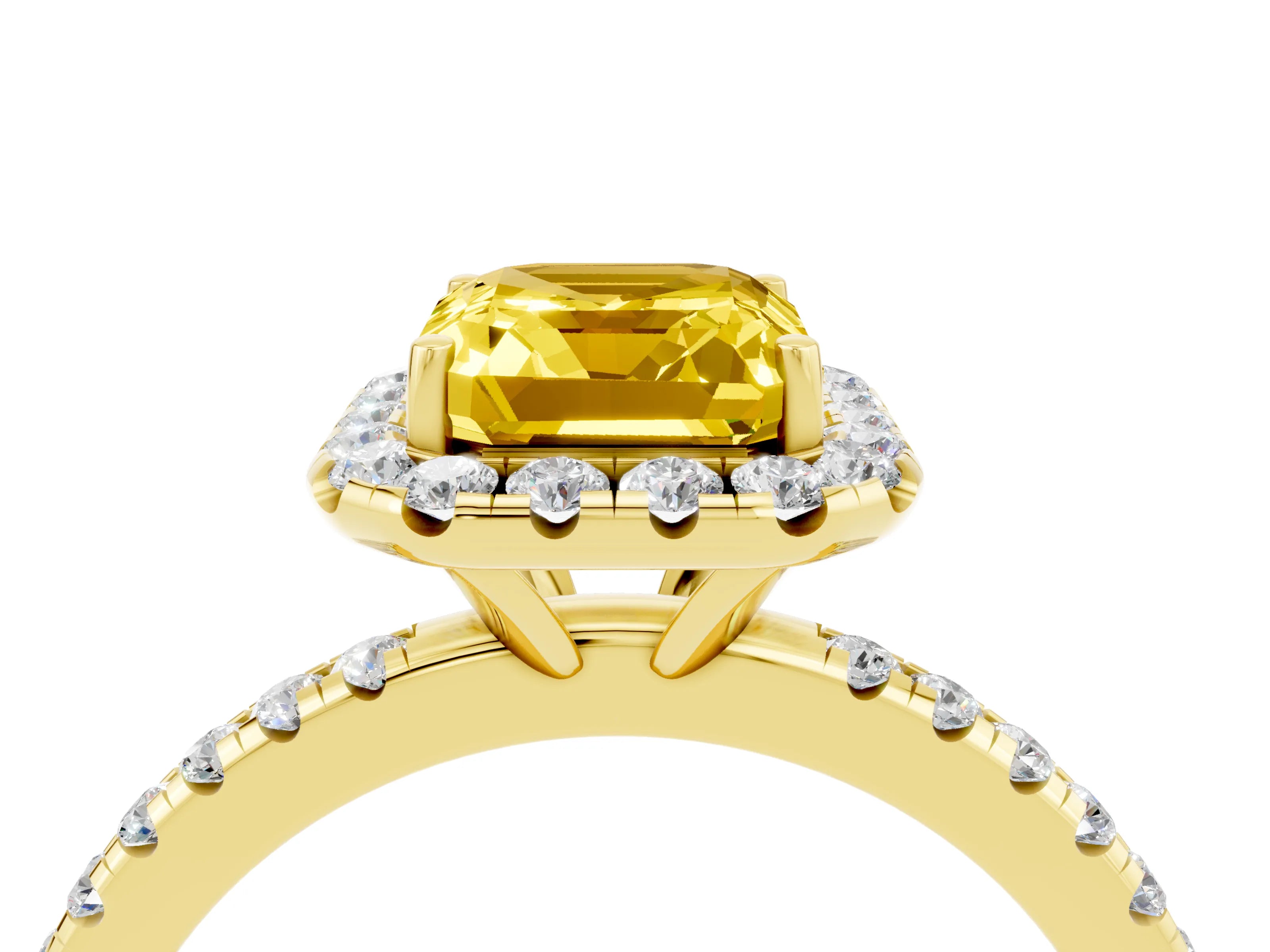 Yellow gold Emerald Cut Halo Round Diamond Pavé Band Four-Prong Ring_4