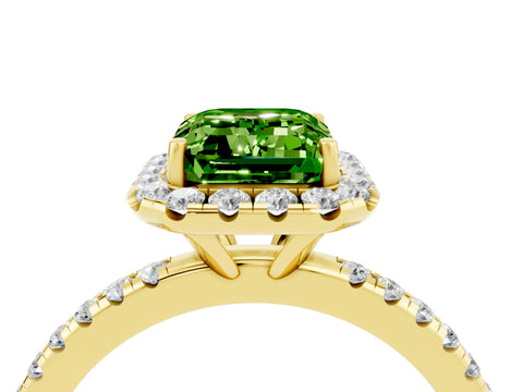 Yellow gold Emerald Cut Halo Round Diamond Pavé Band Four-Prong Ring_4