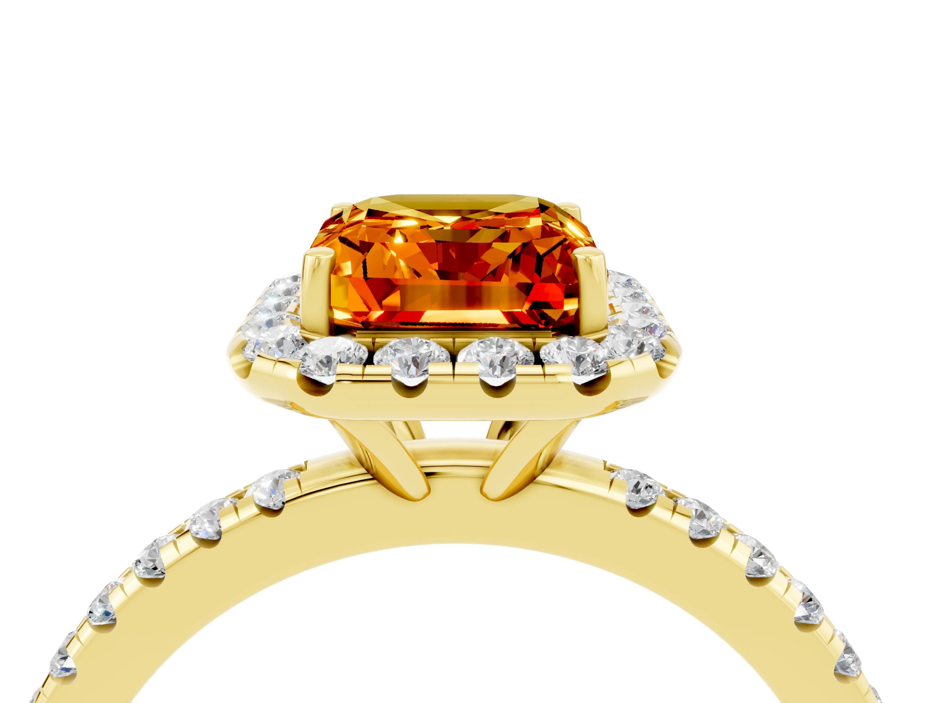 Yellow gold Emerald Cut Halo Round Diamond Pavé Band Four-Prong Ring_4