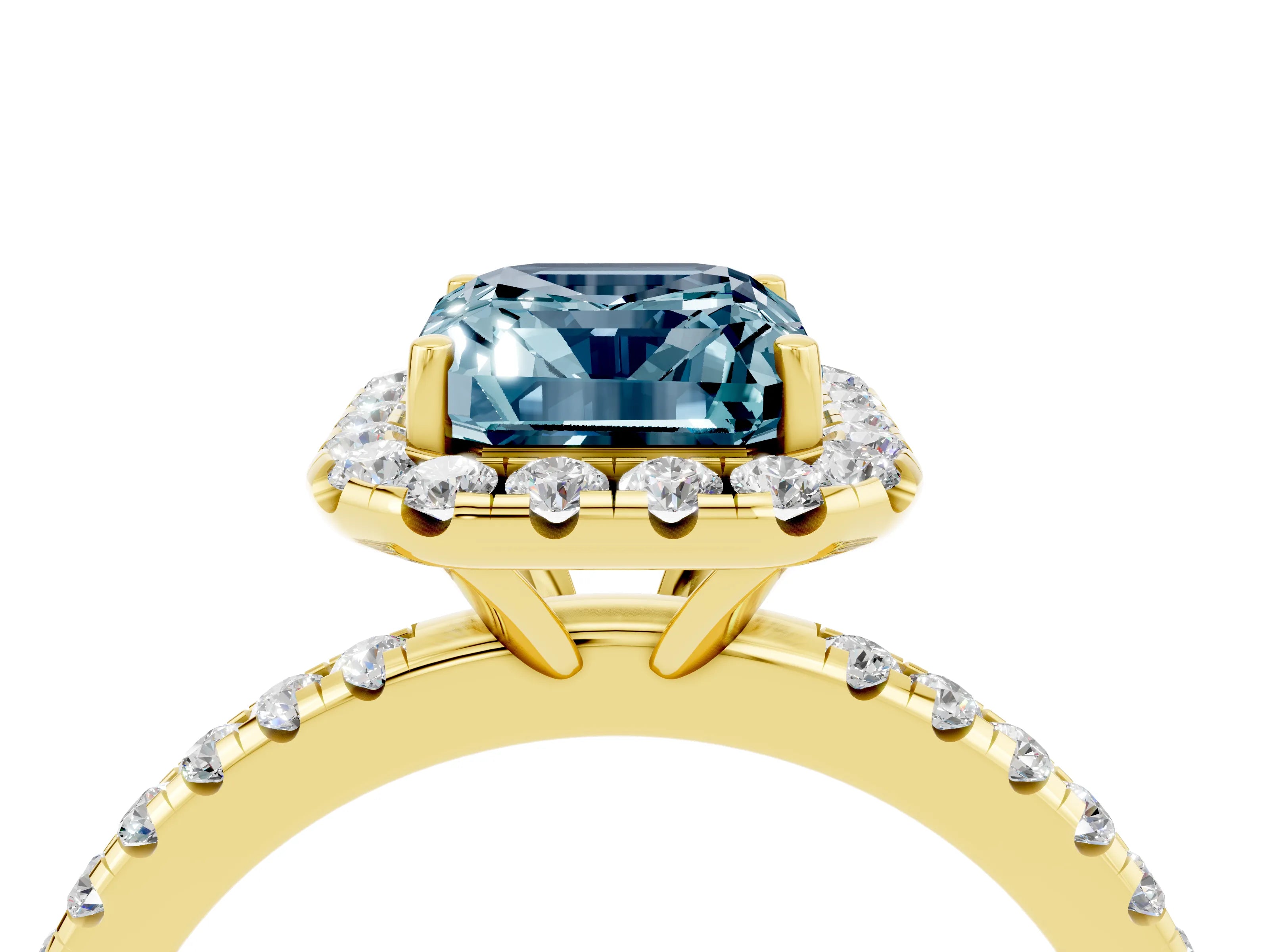 Yellow gold Emerald Cut Halo Round Diamond Pavé Band Four-Prong Ring_4