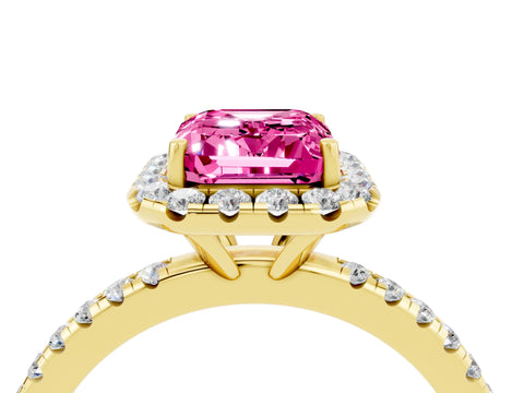 Yellow gold Emerald Cut Halo Round Diamond Pavé Band Four-Prong Ring_4